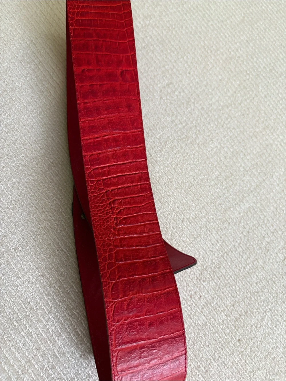 Bold Red Leather Croc Design Waist Belt with Antique Gold Triple Disc Buckle